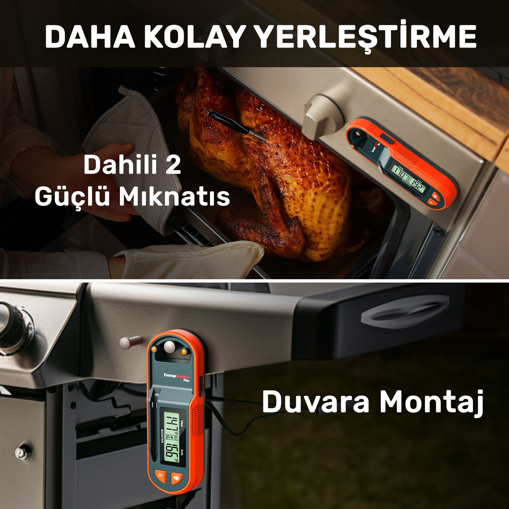 Fırında kızarmış tavuk ve ızgarada bir ızgara termometresi.
