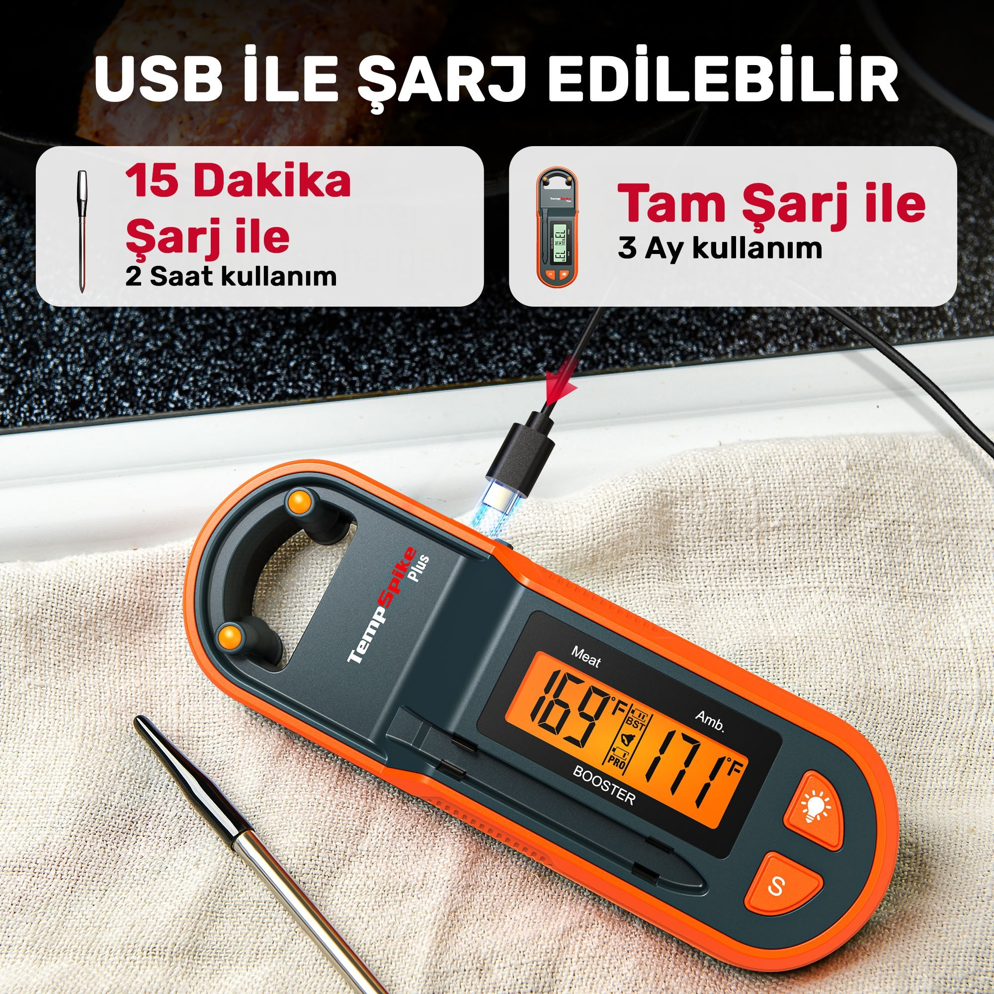 USB şarjlı turuncu dijital et termometresi, 169°F gösteriyor.
