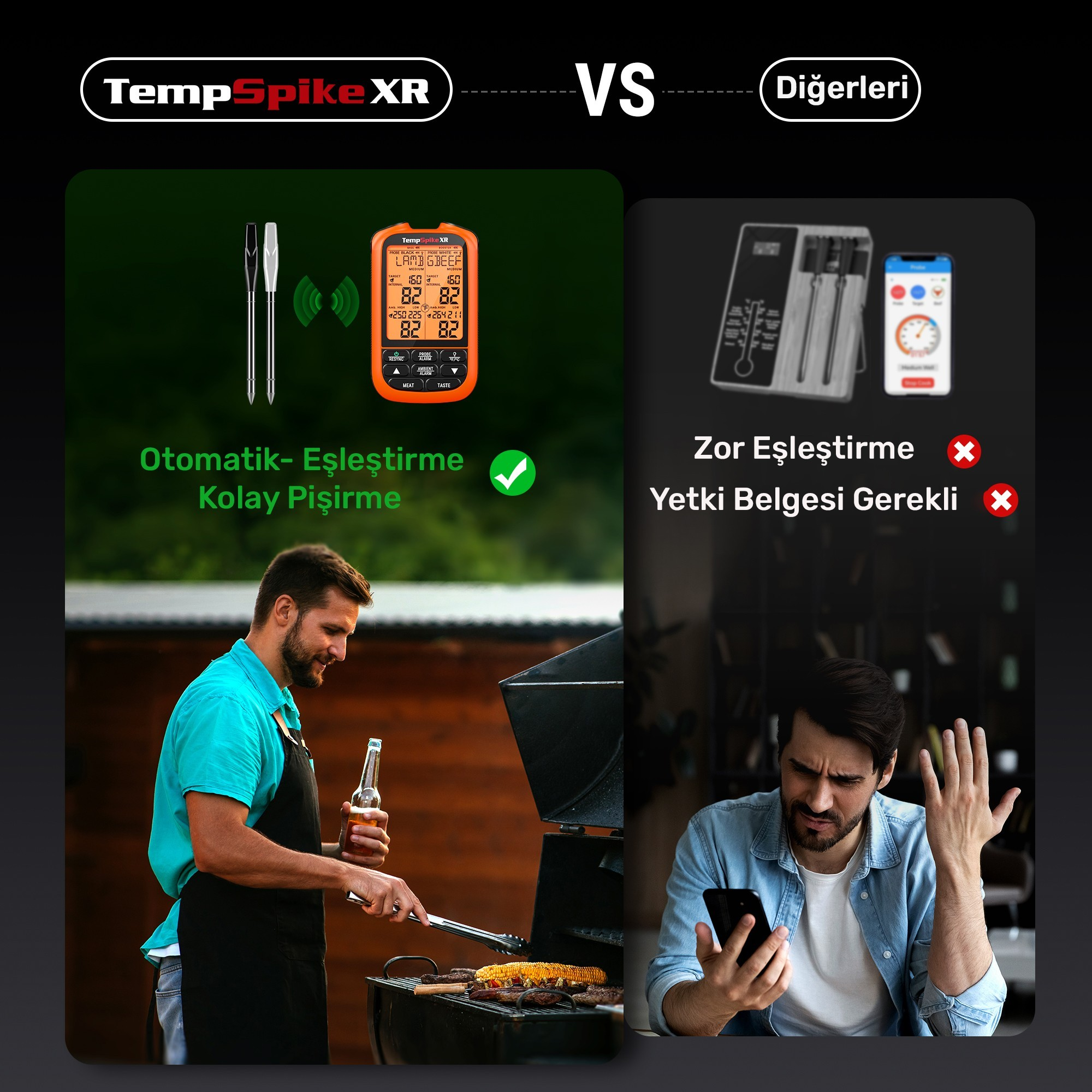 Izgara termometresi karşılaştırması: Kolay vs. Zor. Adam birayla ızgara yapıyor.