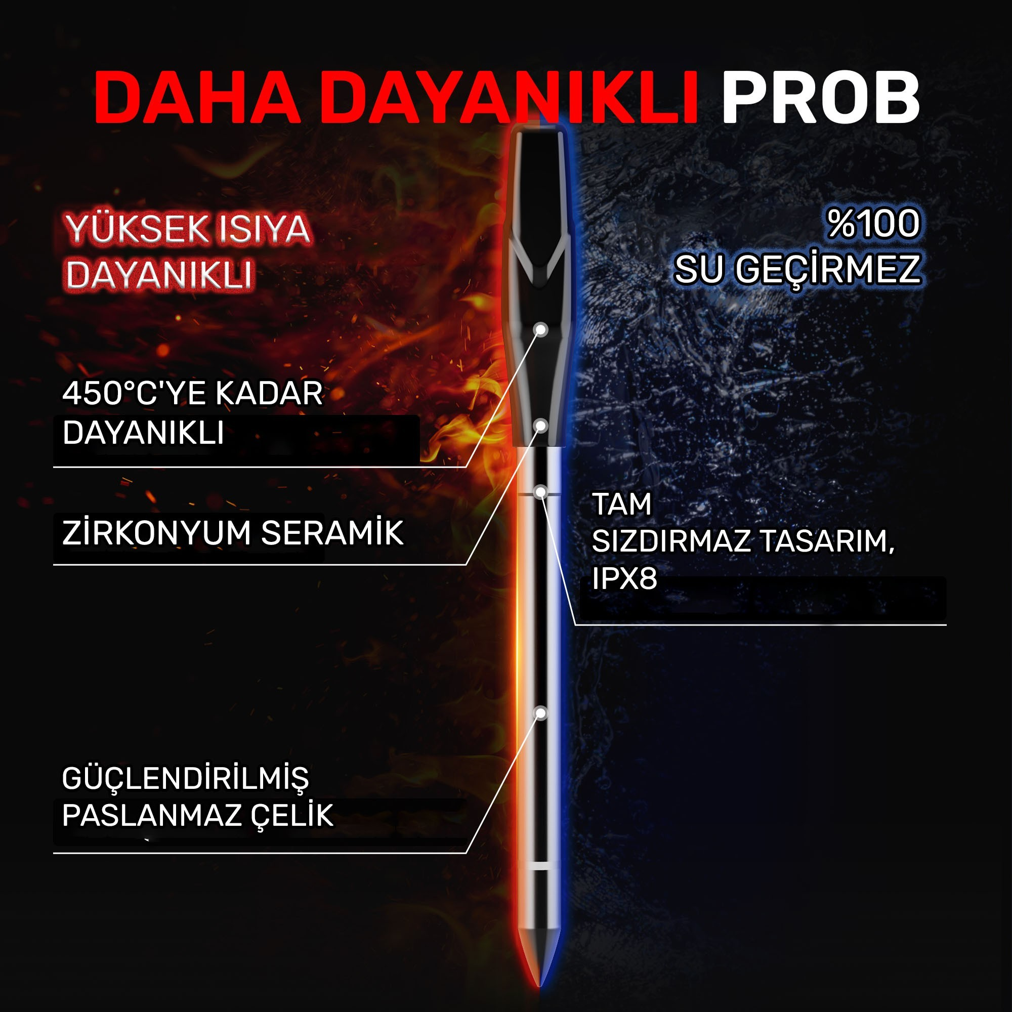 Sıcaklığı ve soğukluğu temsil eden kırmızı ve mavi ışık efektlerine sahip sivri bir nesne.