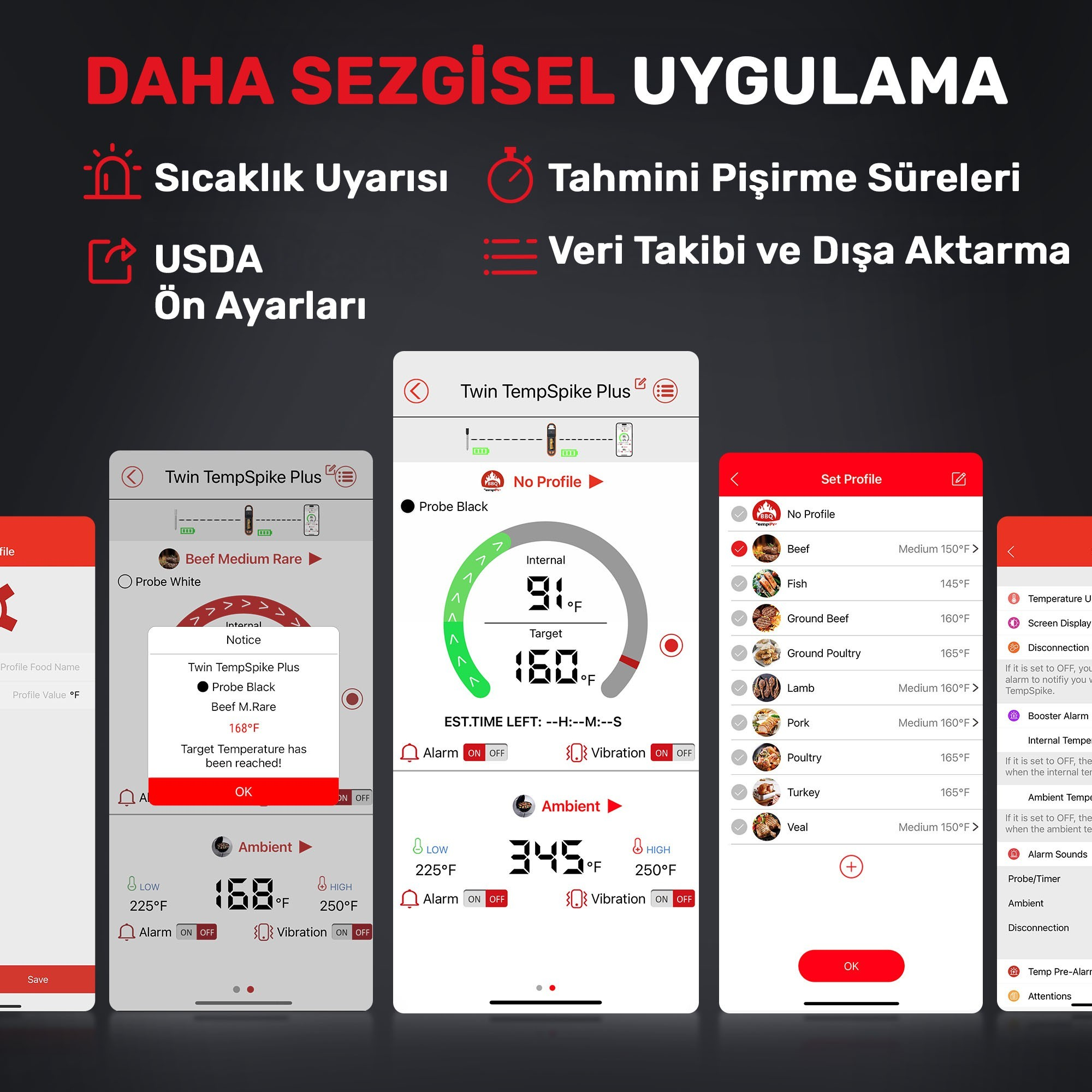 Birden fazla telefon ekranı, sıcaklıkları ve ayarları gösteren bir pişirme uygulaması gösteriyor.