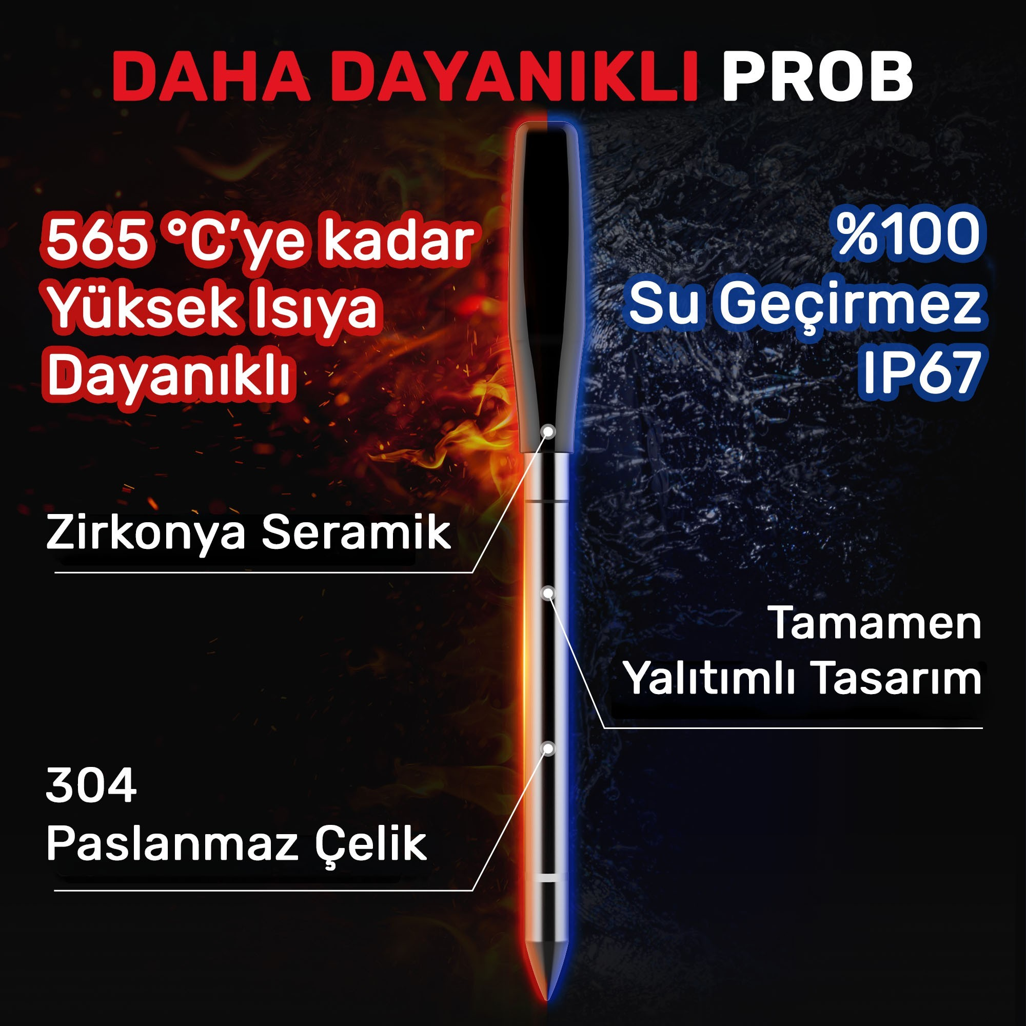 Dayanıklı prob: 565°C'ye kadar ısıya dayanıklı, IP67 su geçirmez, seramik ve çelik.