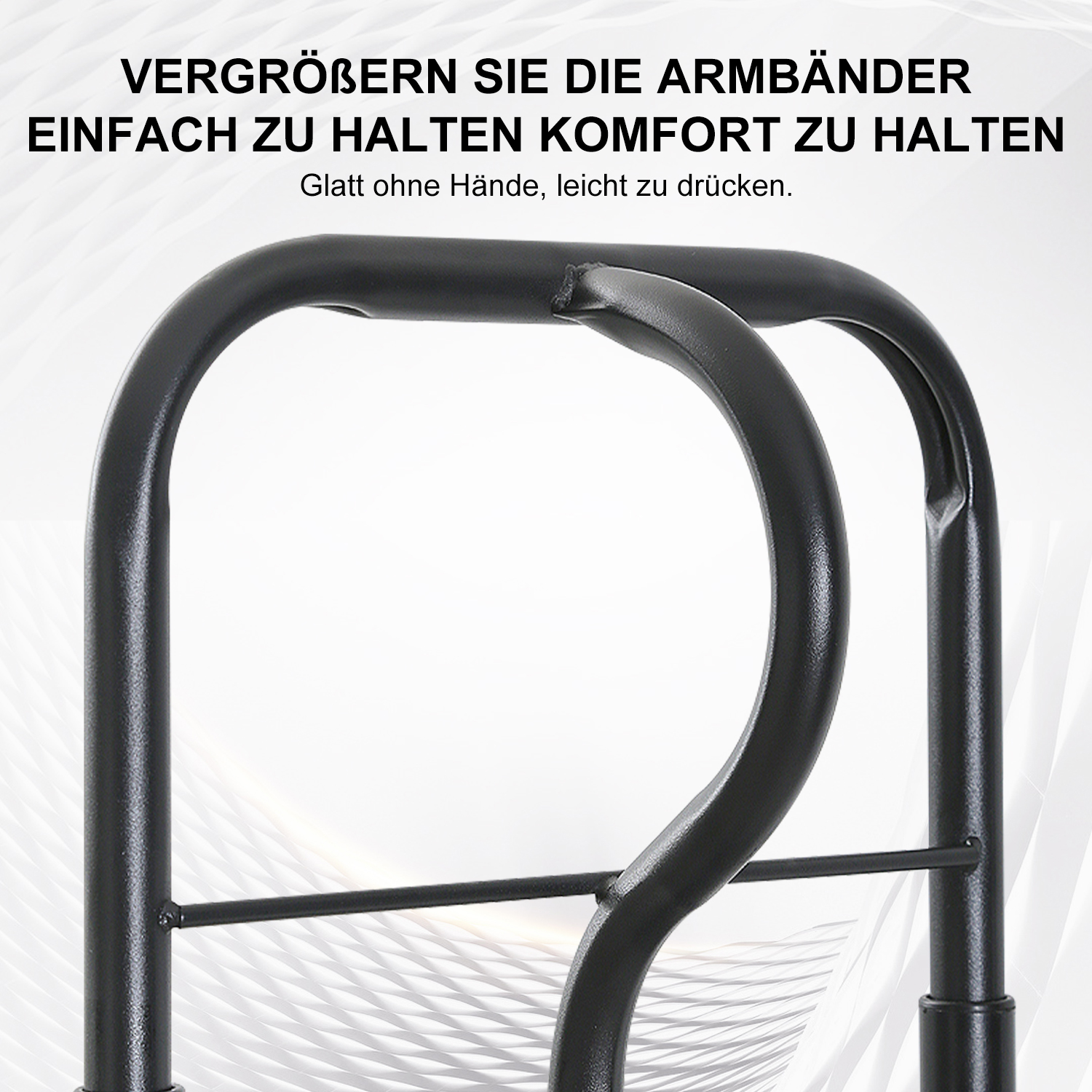 Schwarzer Metallrahmen mit Griffen, für einfachen Halt.