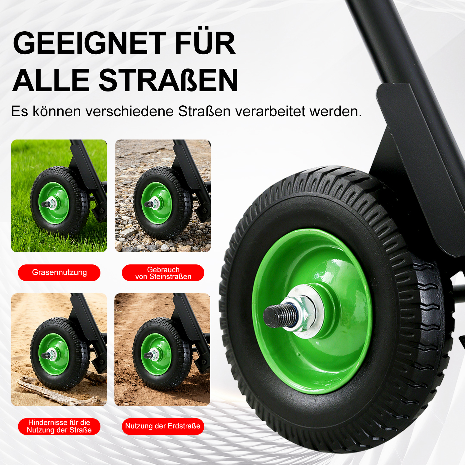 Vier kleine Bilder zeigen Räder auf Gras, Schotter, Sand und Erde.