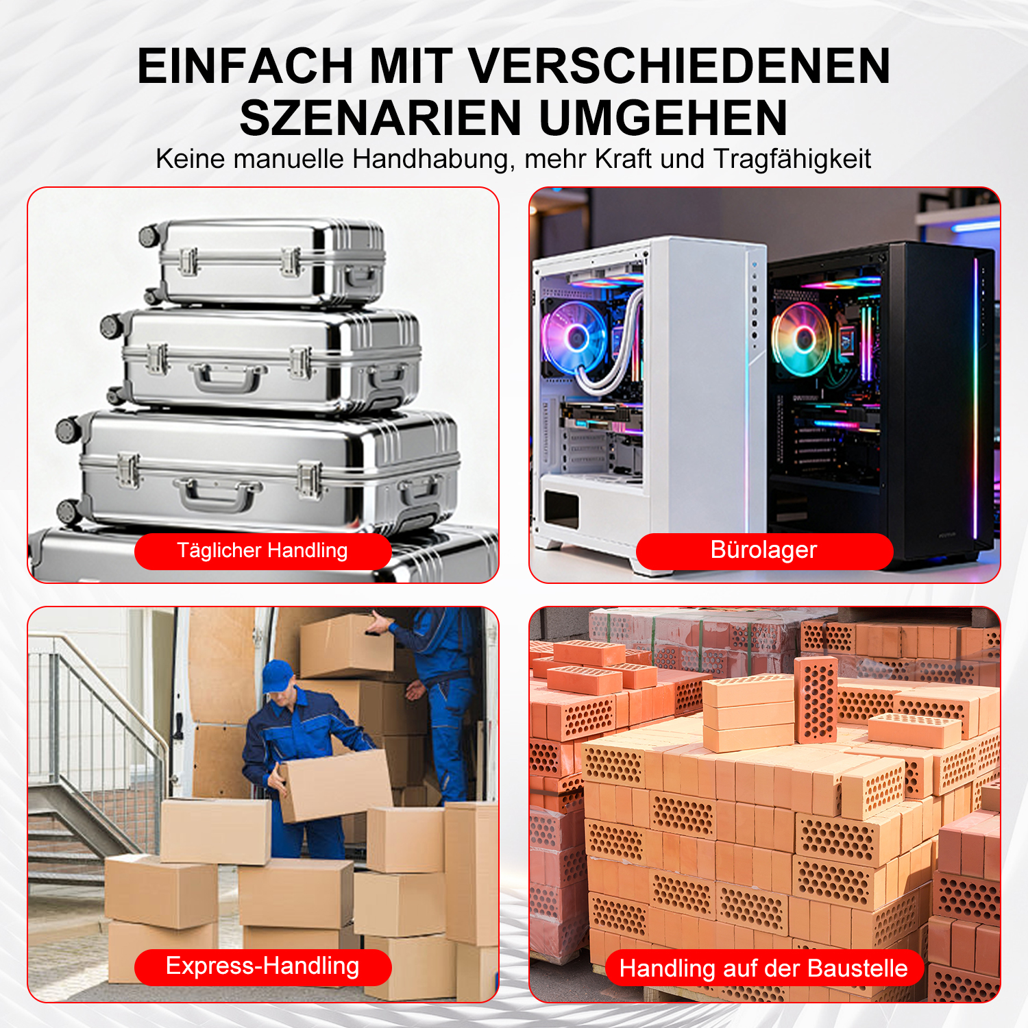 Vier Szenarien: Gepäck, PCs, Pakete & Ziegelsteine.