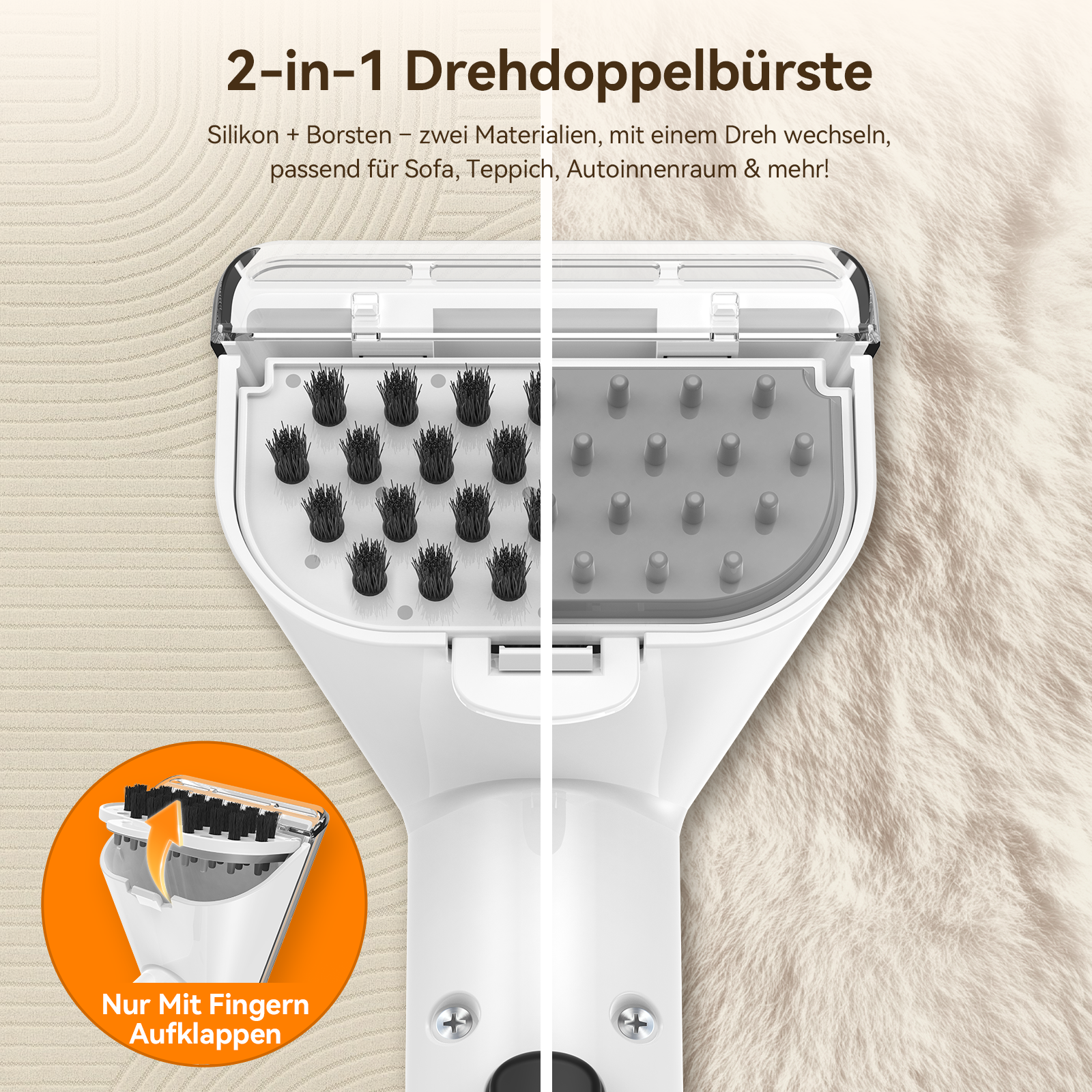 Szczotka 2w1 z głowicami silikonowymi i szczeciną, wymienna do różnych powierzchni.