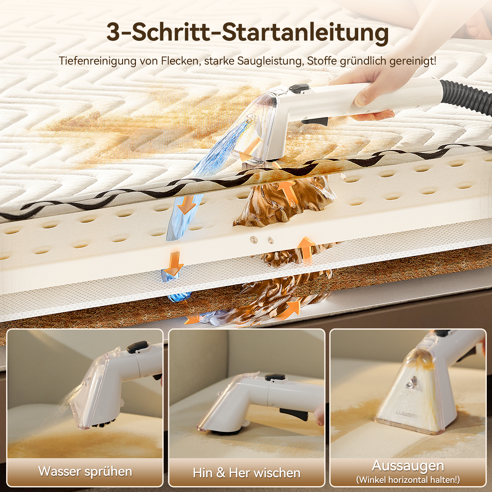 Ein Reinigungsgerät sprüht Wasser und saugt Schmutz aus einer Matratze.
