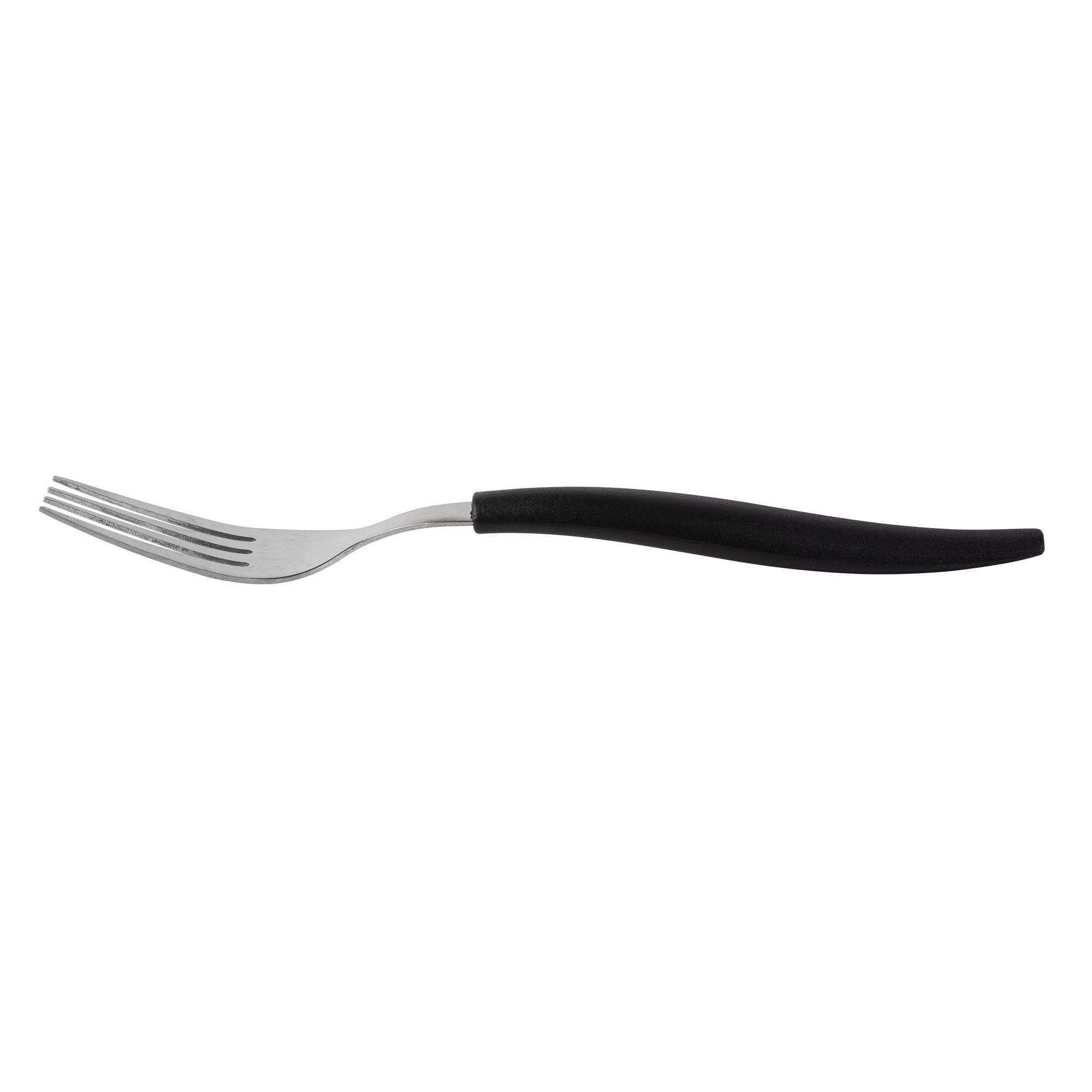 Un tenedor con cabeza de metal plateado y mango negro.