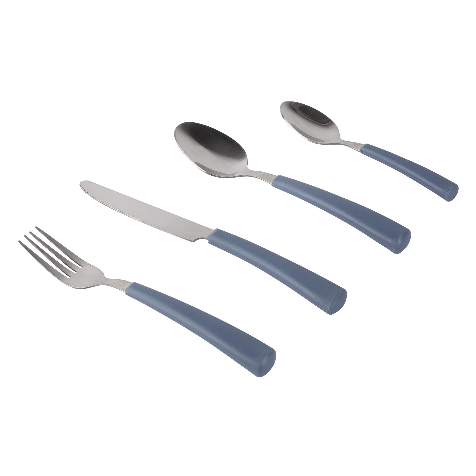 Set de cubiertos con mangos azules: tenedor, cuchillo y dos cucharas.