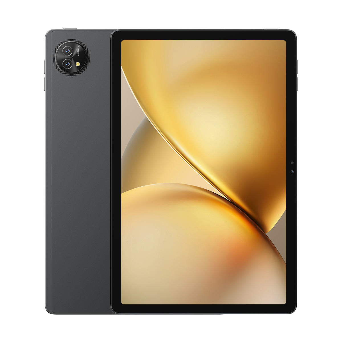 Szary tablet z aparatem z tyłu i złotym wzorem na ekranie.