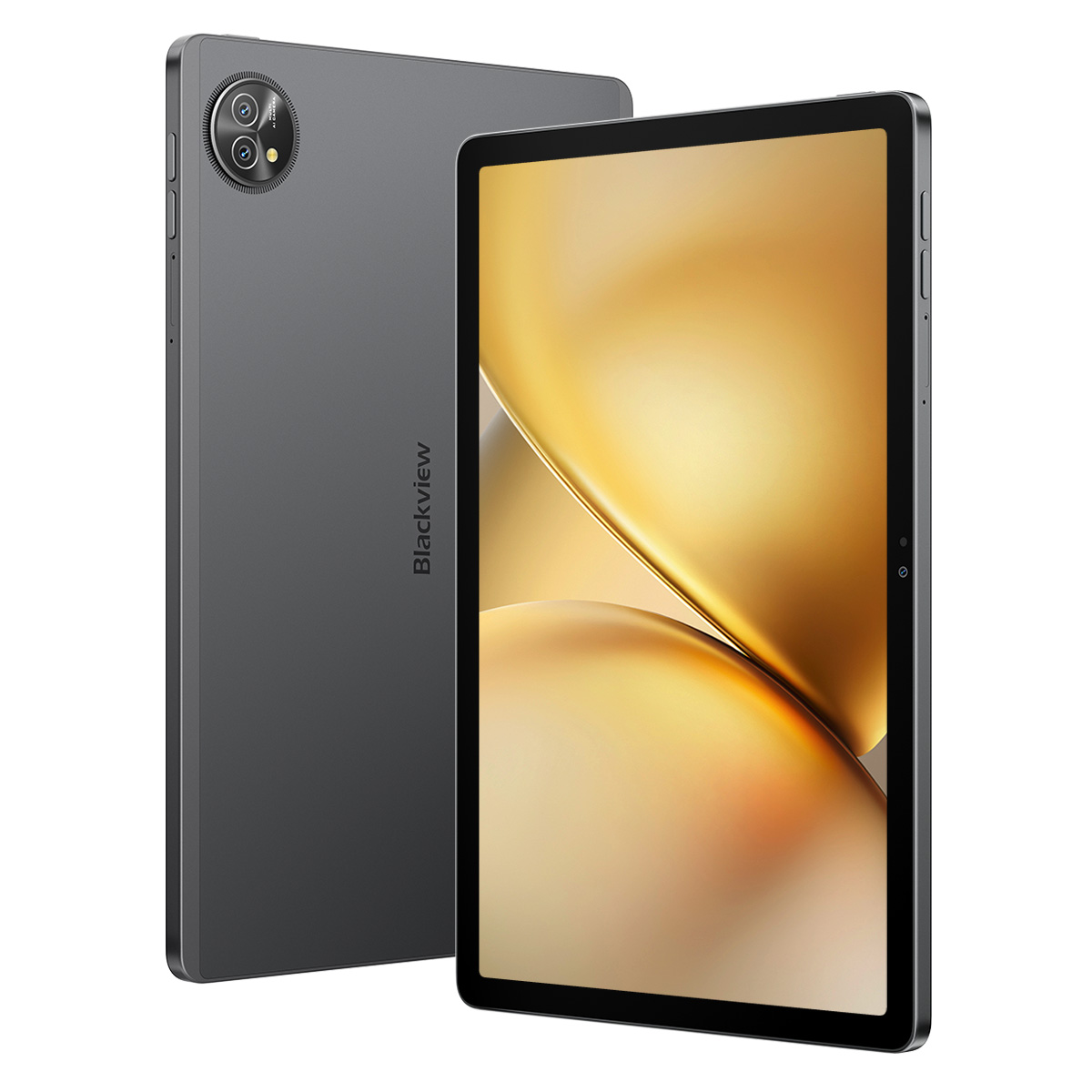 Grijze tablet met cameramodule en gouden schermachtergrond.