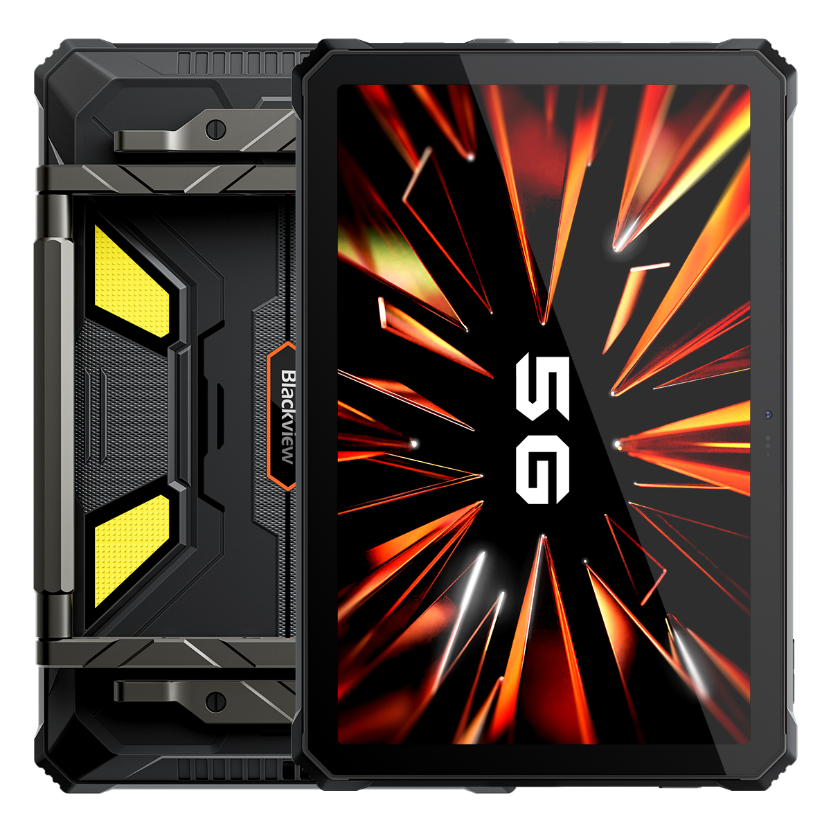 Robuust zwart tablet met gele accenten en 5G-logo op het scherm.