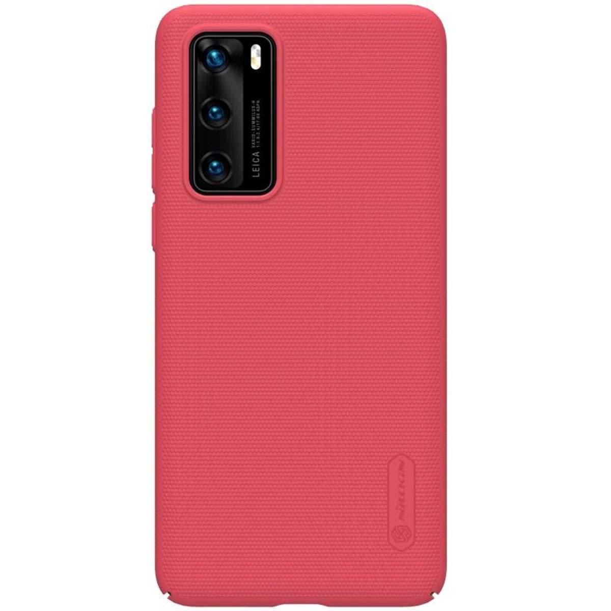 Custodia rossa per telefono con tripla fotocamera e logo Leica.