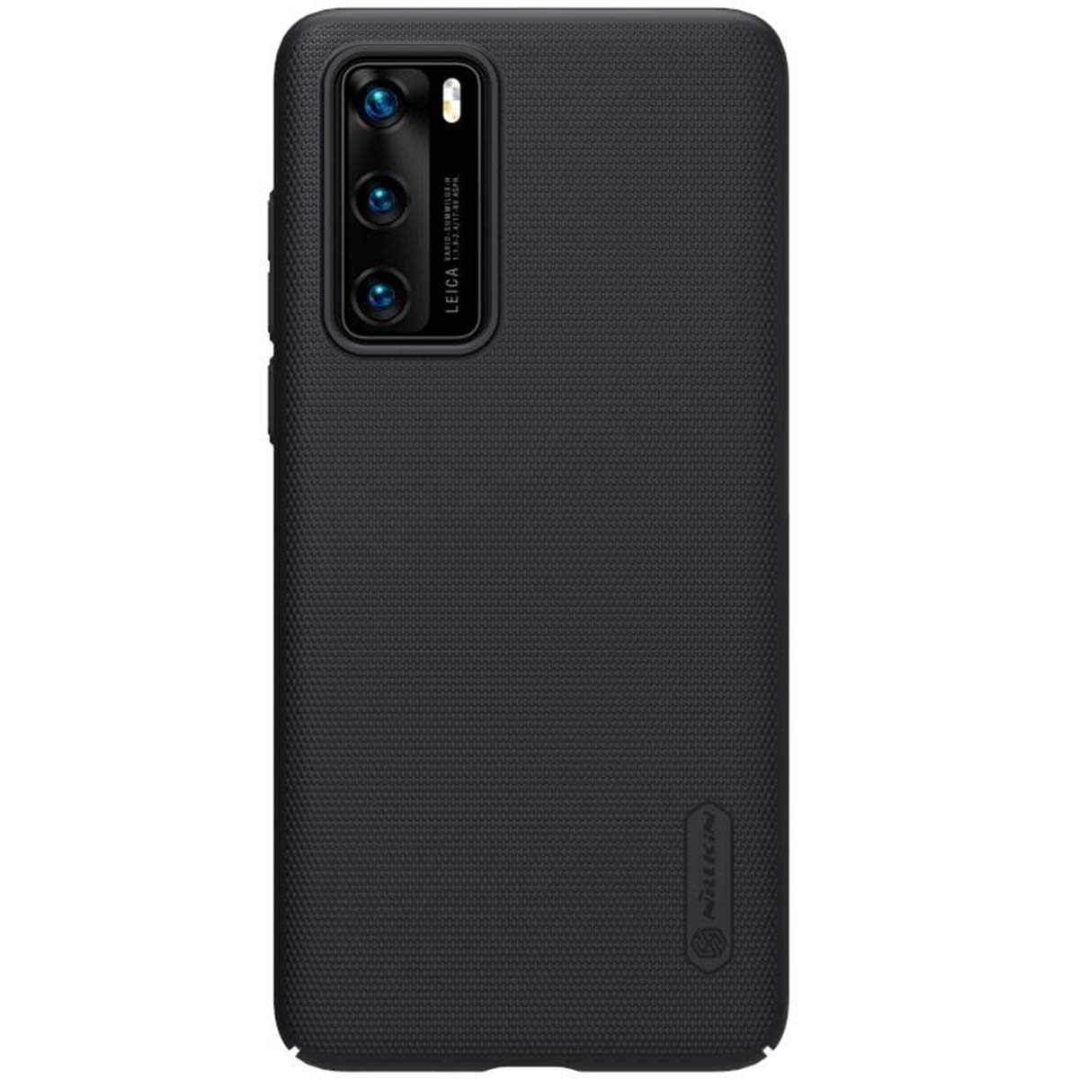 Custodia nera per telefono con unità fotocamera in alto a sinistra e logo in basso a destra.