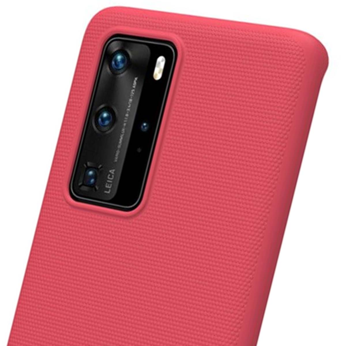Una custodia per telefono rossa con modulo fotocamera rettangolare a quattro lenti.