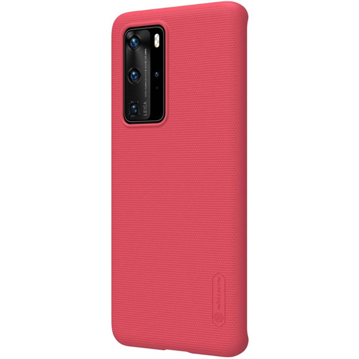 Custodia rossa per telefono con setup a quattro fotocamere.