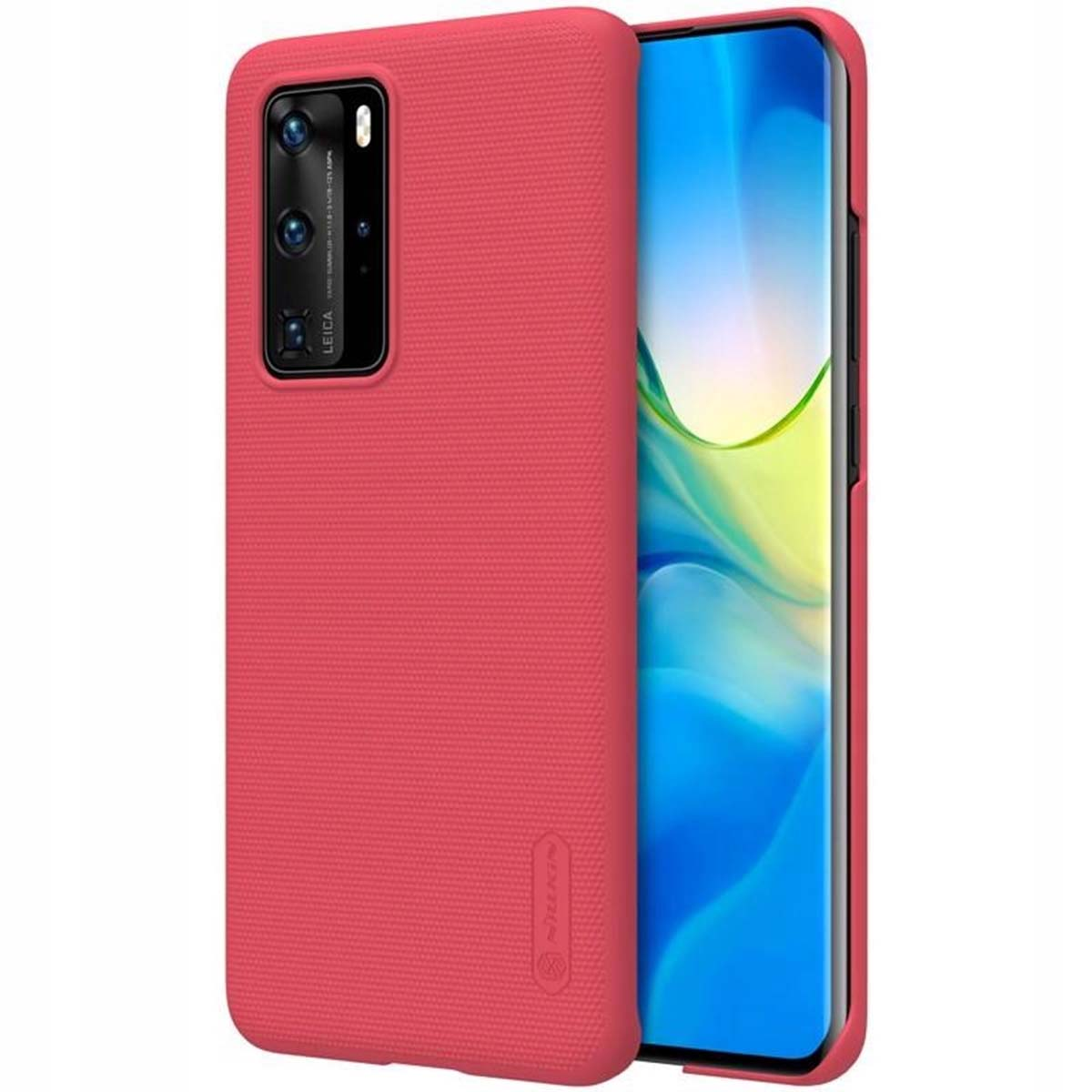 Una cover rossa per telefono con fotocamera posteriore e schermo blu.