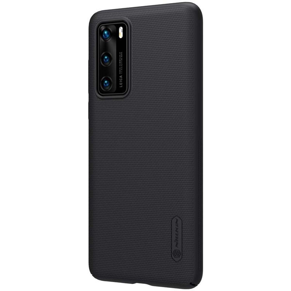Custodia nera per telefono con tripla fotocamera e logo LEICA.