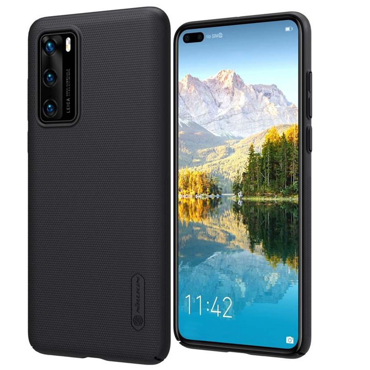 Custodia nera per telefono accanto a uno smartphone con sfondo montagna e lago.