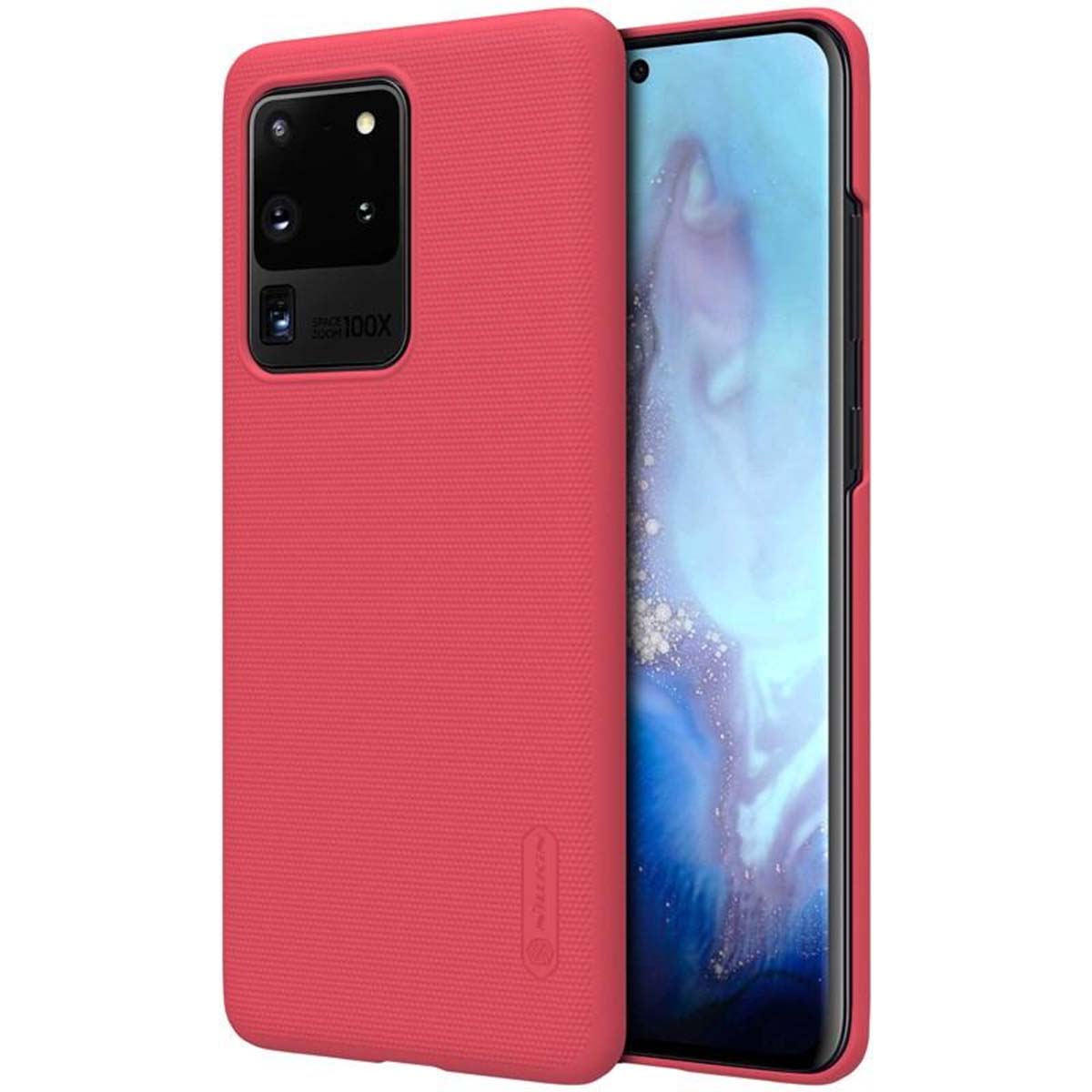 Custodia rossa per telefono con modulo fotocamera e schermo.