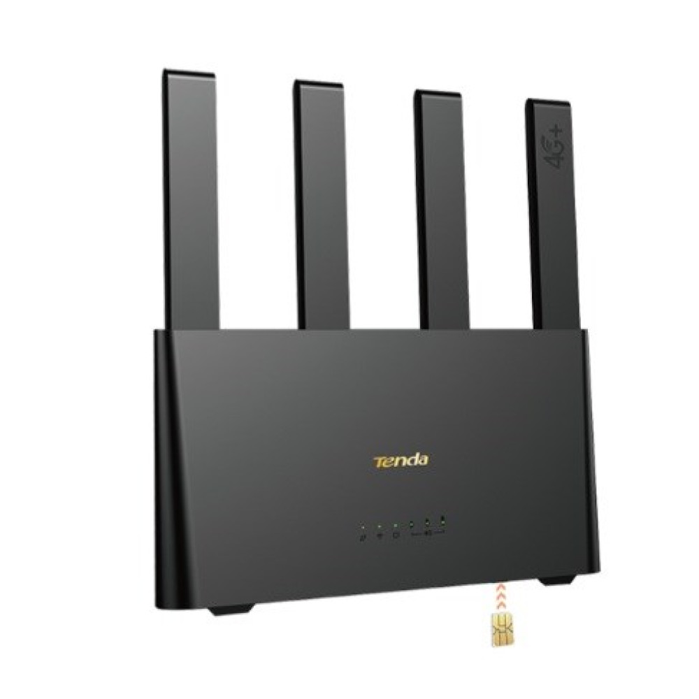 Czarny router Tenda 4G+ z czterema antenami i gniazdem karty SIM.