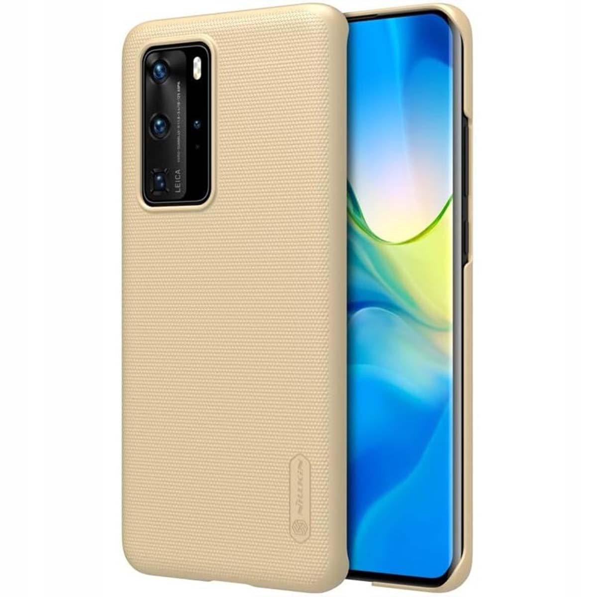 Una custodia dorata per telefono con ritaglio fotocamera accanto a uno smartphone.