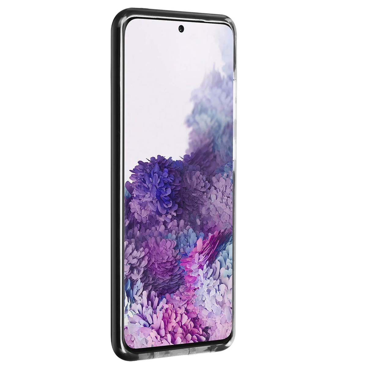 Una cornice nera per smartphone con un motivo floreale colorato sullo schermo.