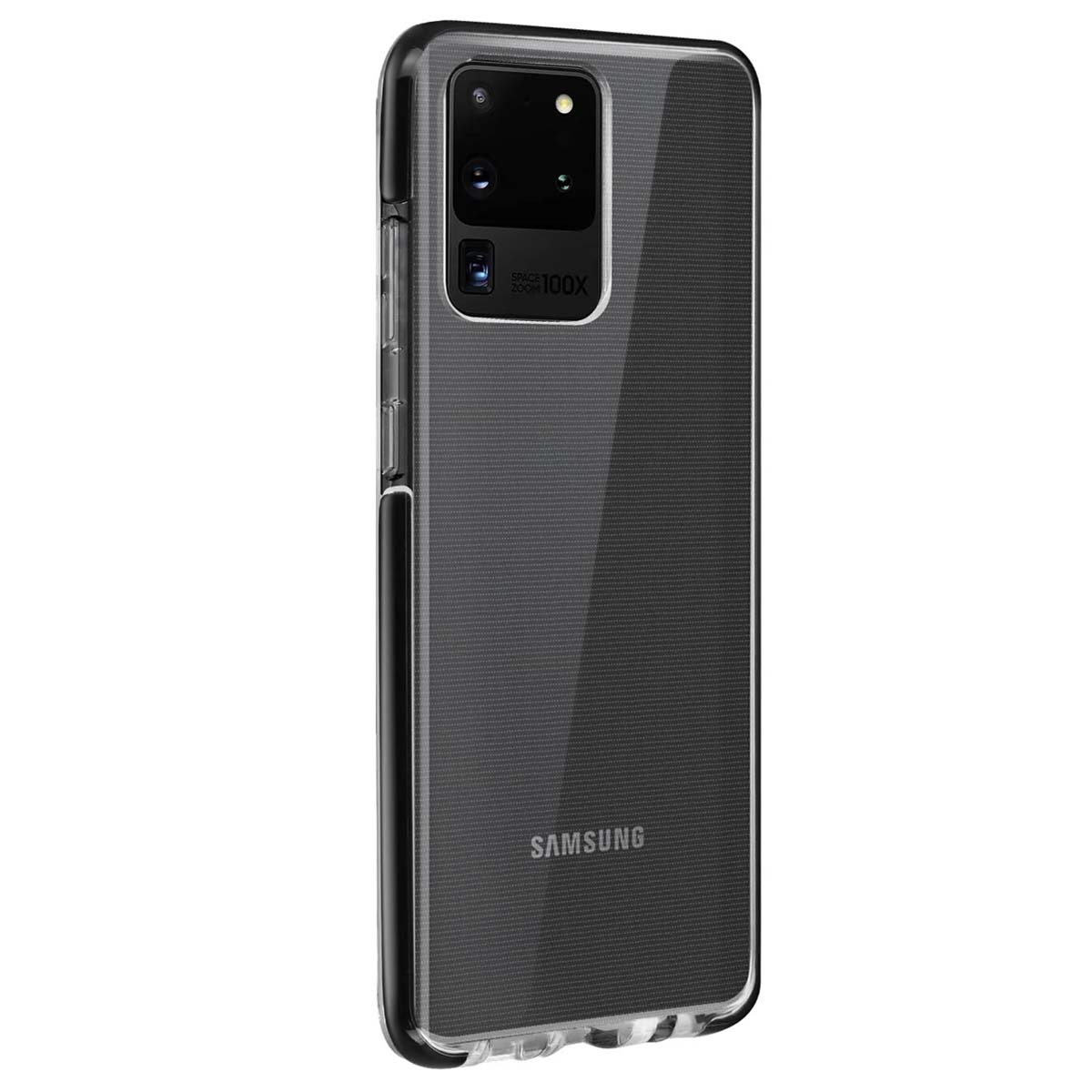 Una custodia trasparente per telefono che mostra il gruppo fotocamera e il logo Samsung.