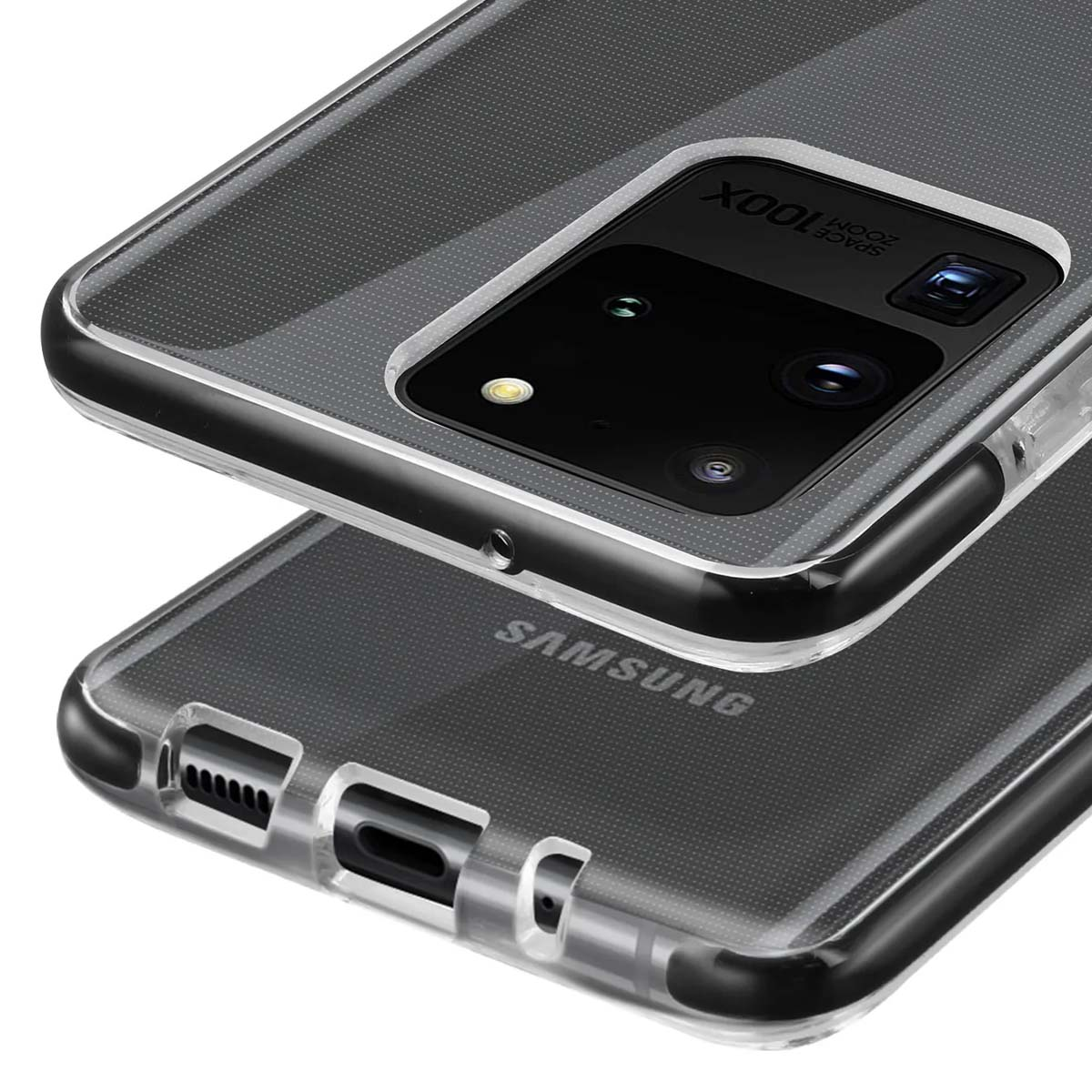 Custodia protettiva trasparente per telefono Samsung, con array fotocamera e porte.