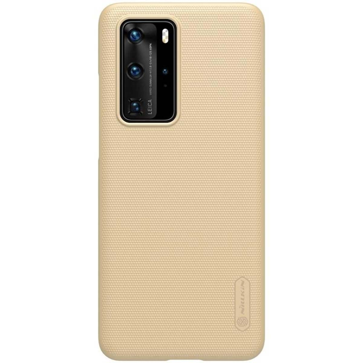 Una custodia per telefono beige con una lente della fotocamera rettangolare sul retro.