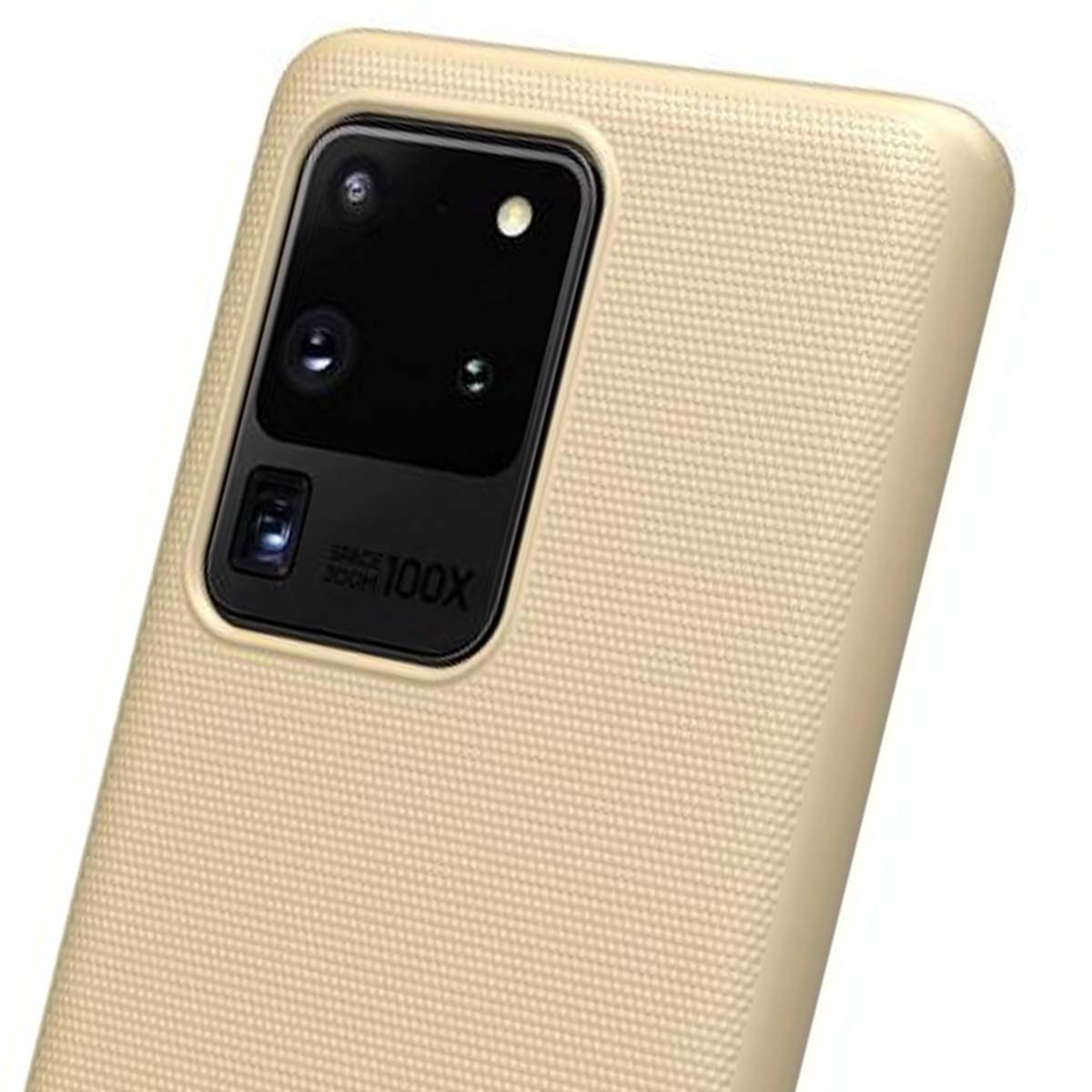Vista posteriore di uno smartphone beige chiaro con modulo fotocamera nero che mostra 'SPACE ZOOM 100X'.