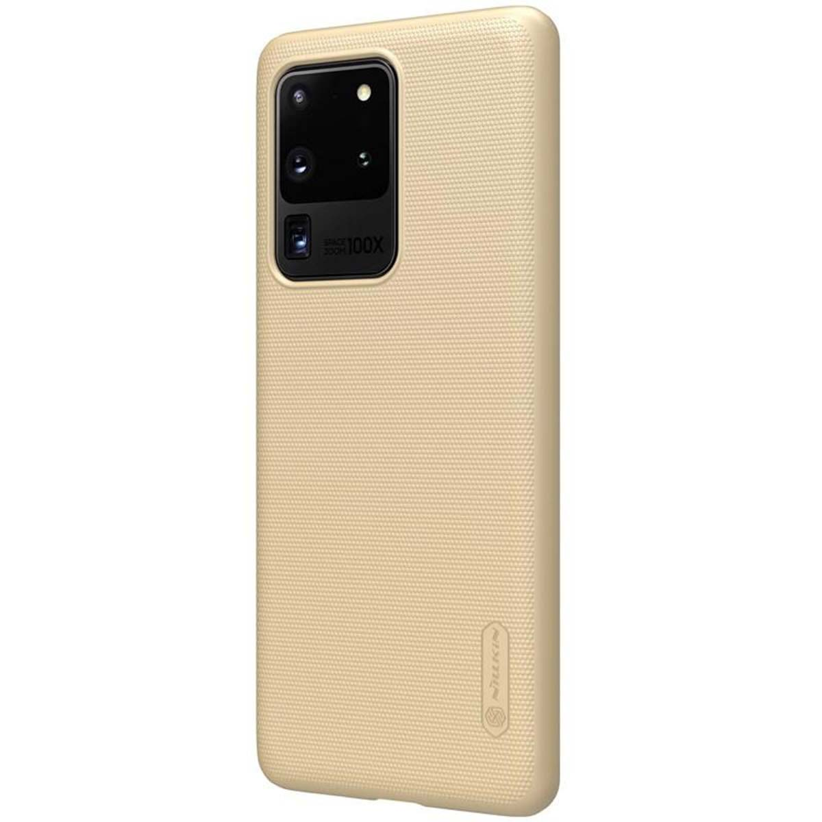 Una custodia dorata per telefono con unità fotocamera e testo "100X".
