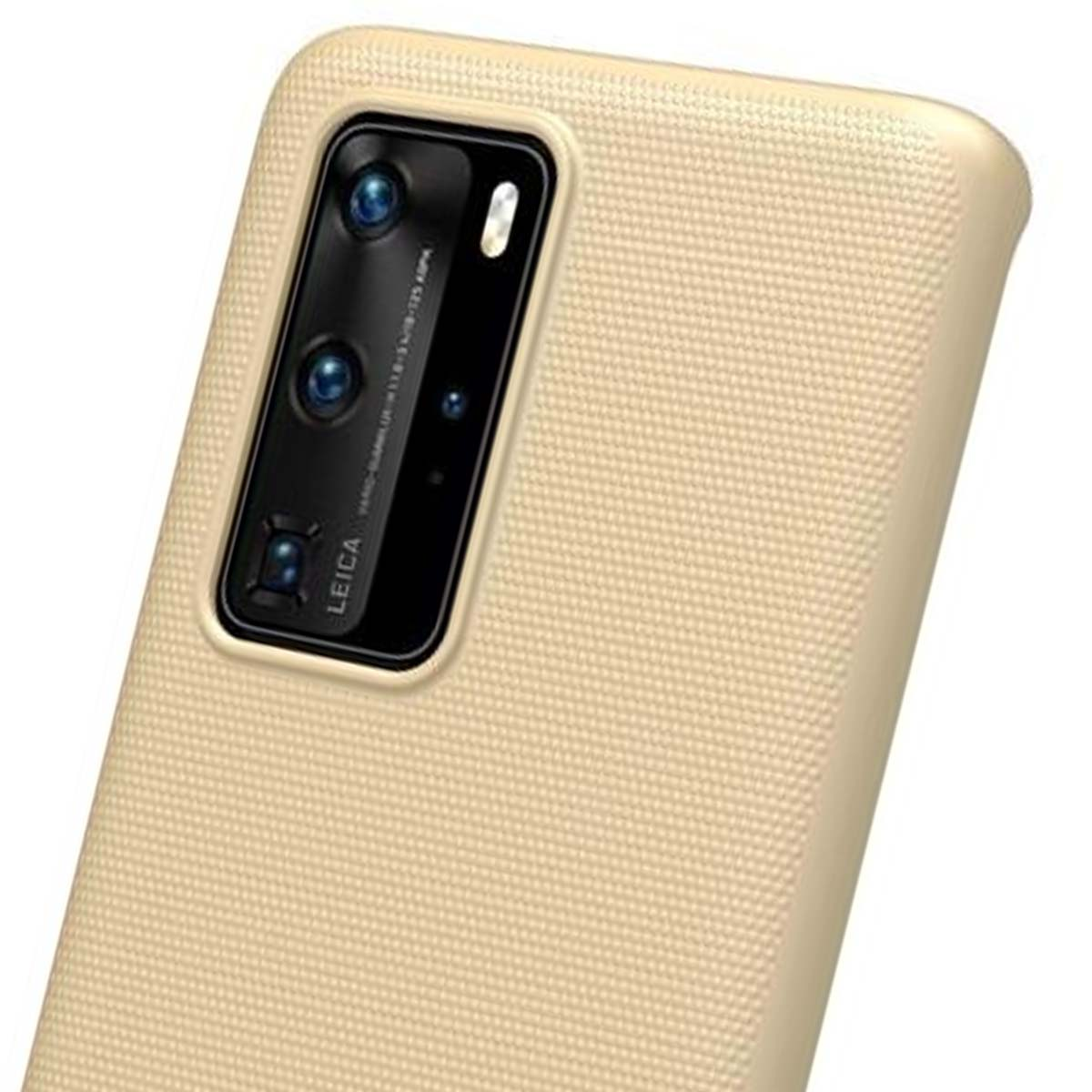 Una cover beige per telefono con modulo fotocamera Leica.