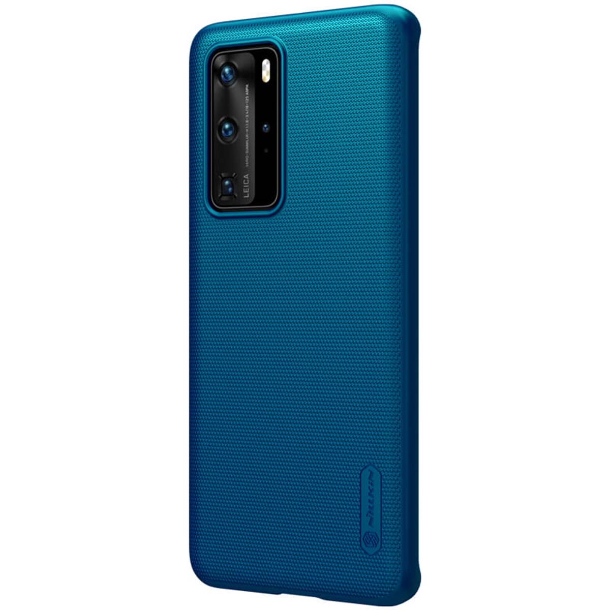 Custodia blu per telefono con modulo fotocamera e logo su sfondo bianco.