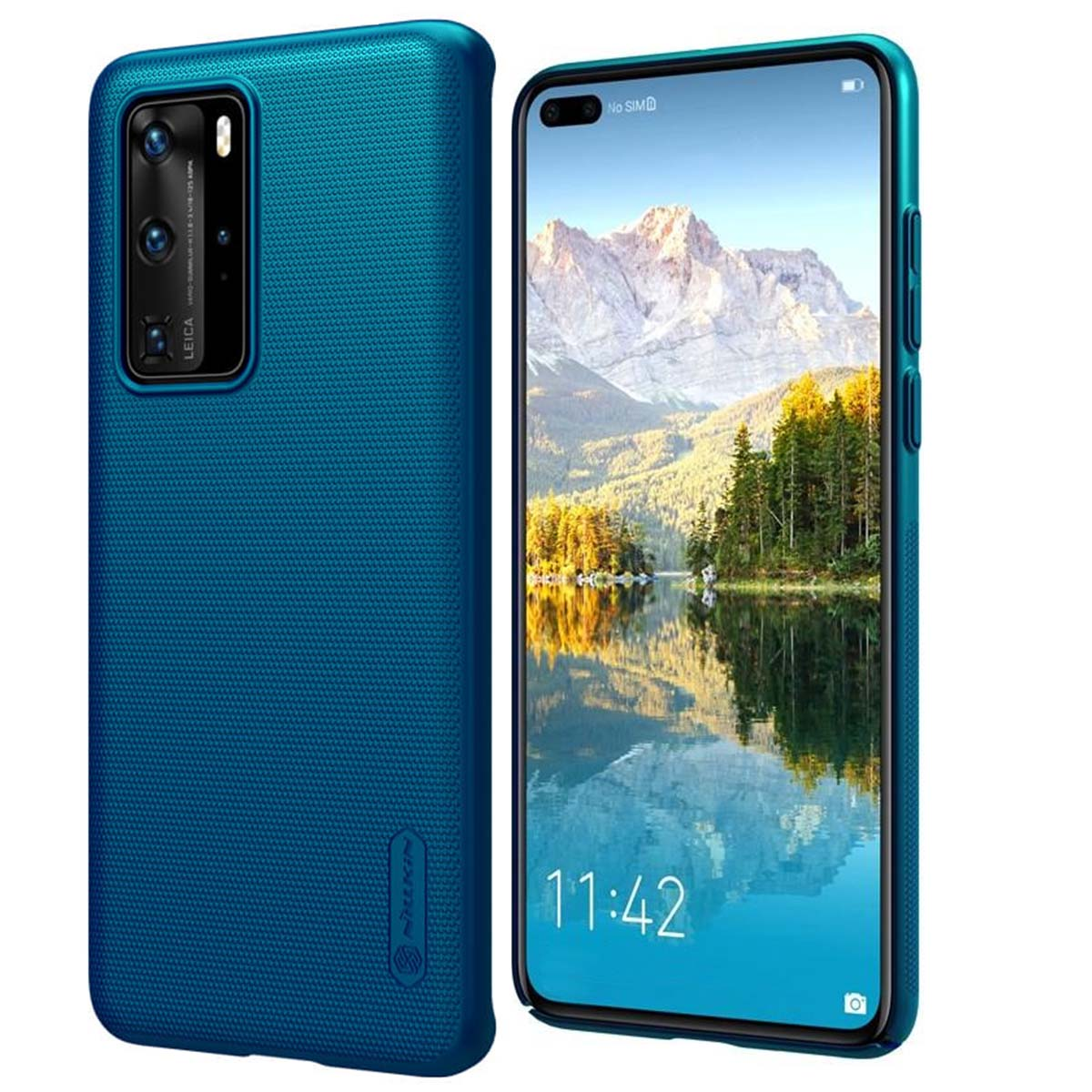Custodia blu per telefono accanto a uno smartphone con paesaggio montano e lacustre.