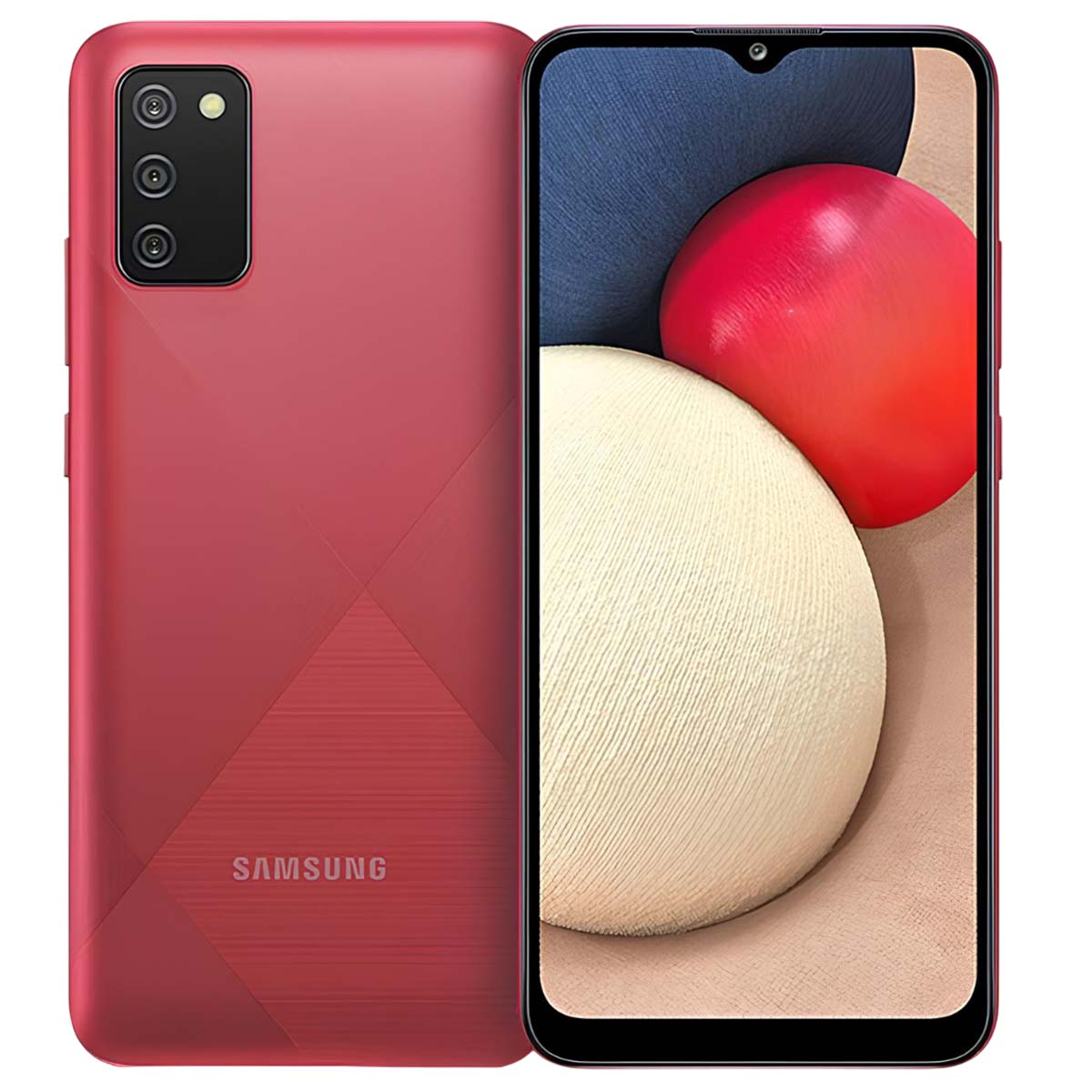 Uno smartphone Samsung rosso con tre fotocamere sul retro.