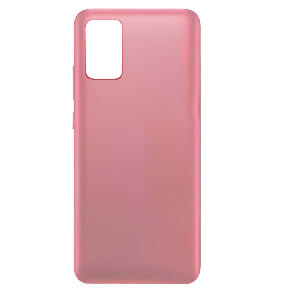 Una custodia per telefono rosa con ritaglio rettangolare per fotocamera sul retro.