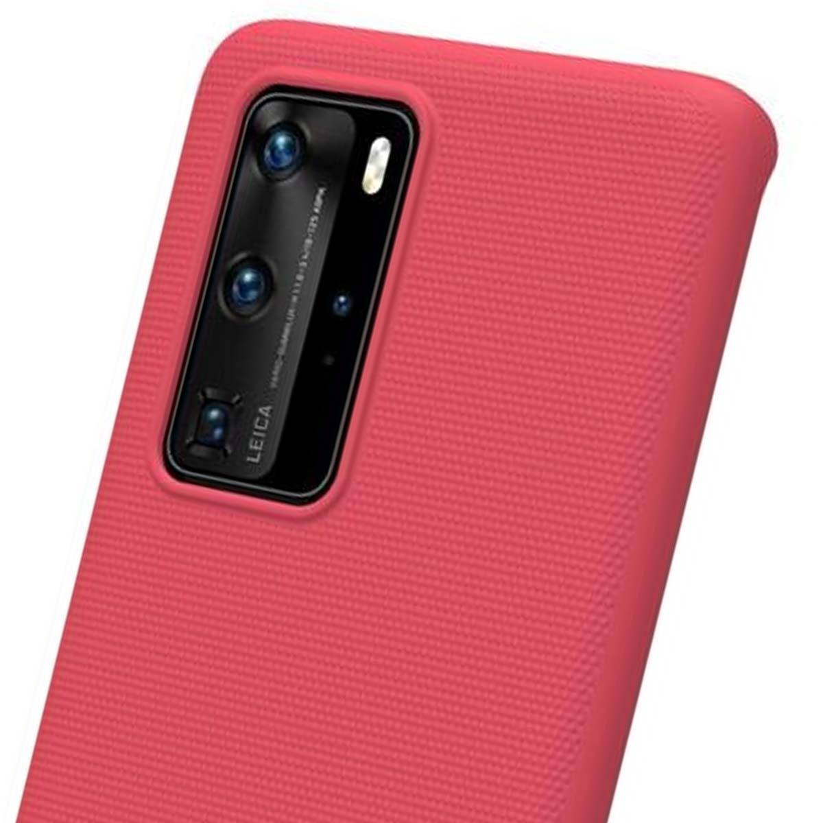 Custodia rossa per telefono con modulo fotocamera visibile e marchio Leica.