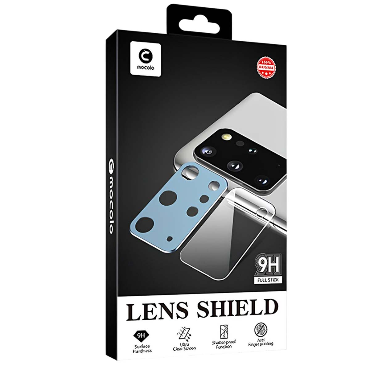 Verpakking met "Lens Shield" en telefooncamera protector.