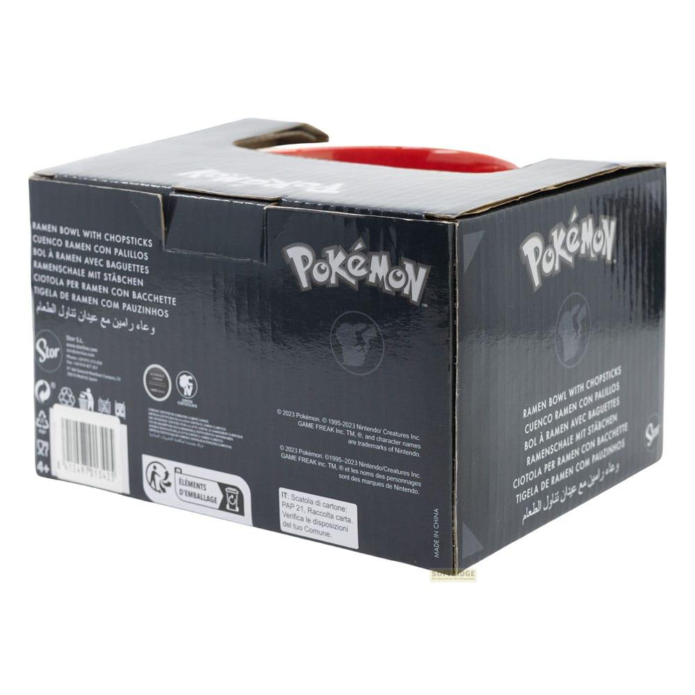 Schwarze Pokémon-Box mit Ramen-Schale und Stäbchen im Inneren.