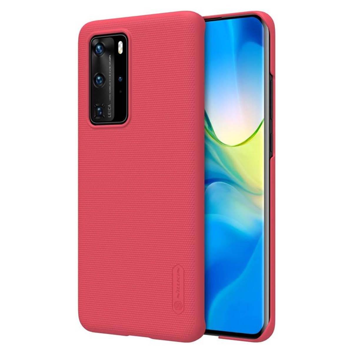 Custodia rossa per telefono con ritaglio fotocamera e schermo telefono sfondo blu.