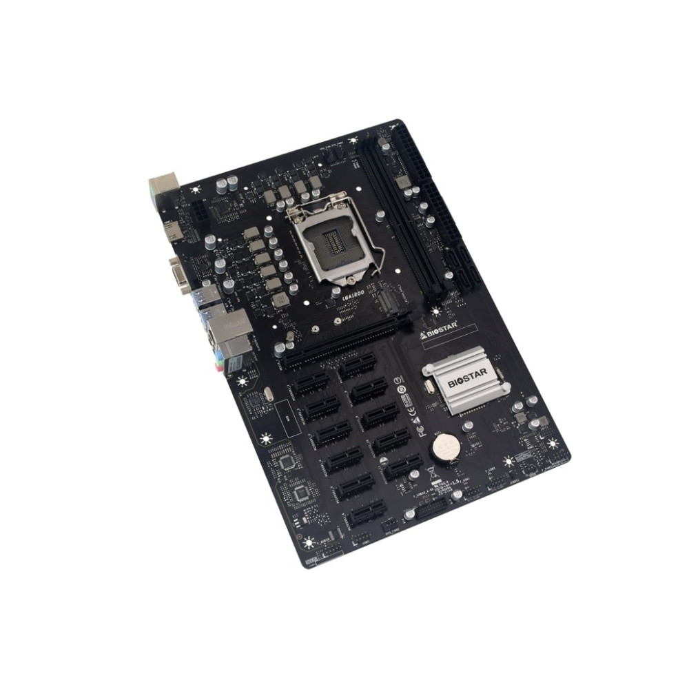 Czarna płyta główna z gniazdem CPU, slotami RAM i wieloma slotami PCIe.