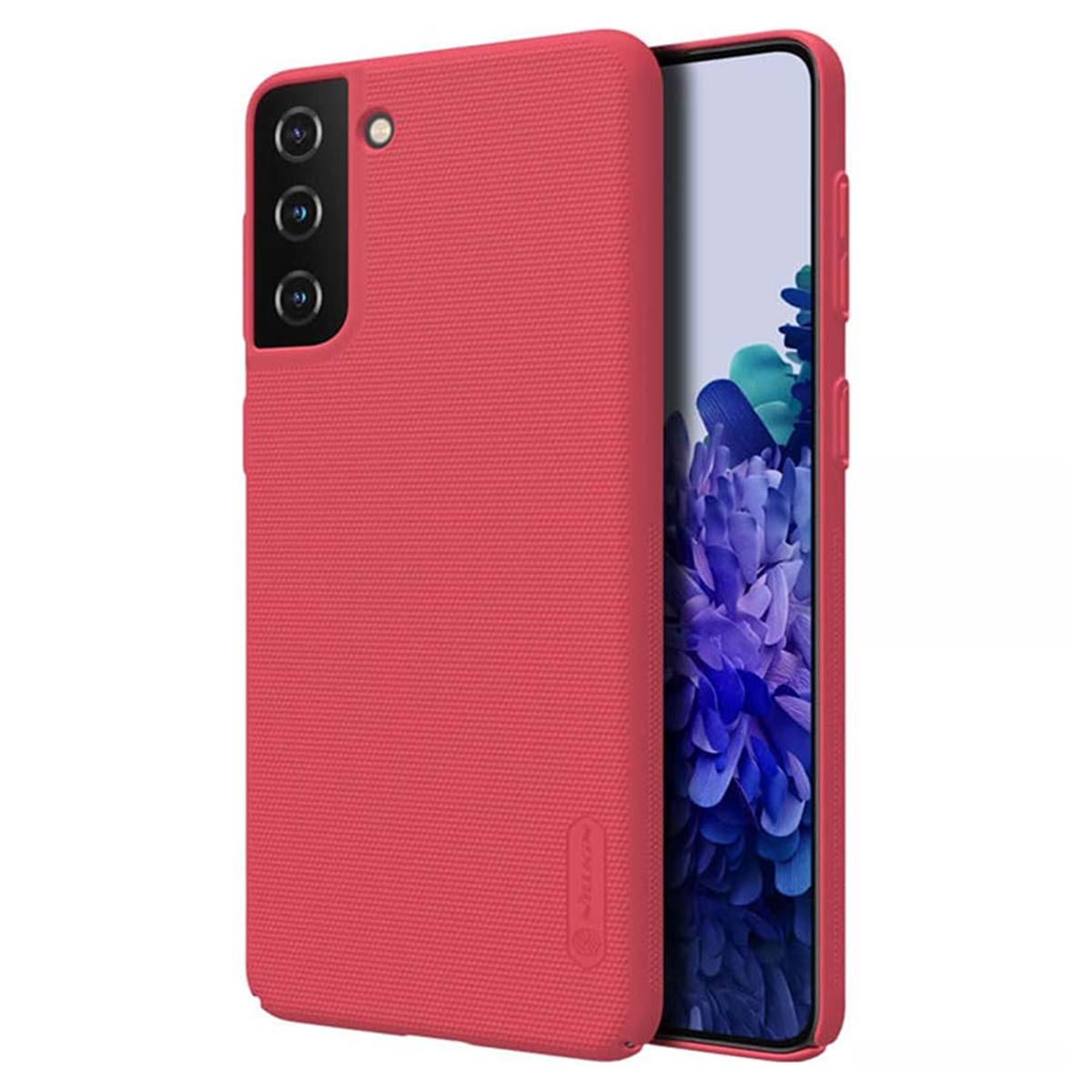 Rote Handyhülle mit dreifacher Kamera und Display mit blauer Tapete.