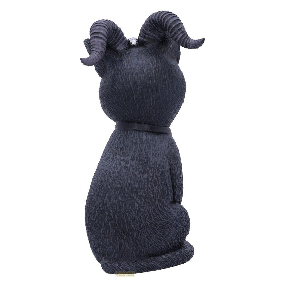 Schwarze Katze mit Hörnern und einem Collier, von hinten betrachtet.