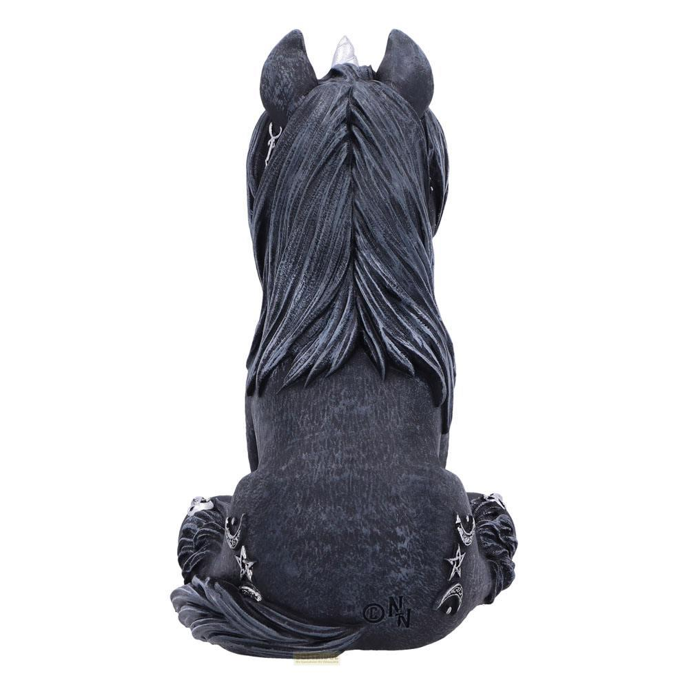 Schwarze Einhornfigur mit Mähne und Hörnern, sitzt, Sterne und Monde dekoriert.