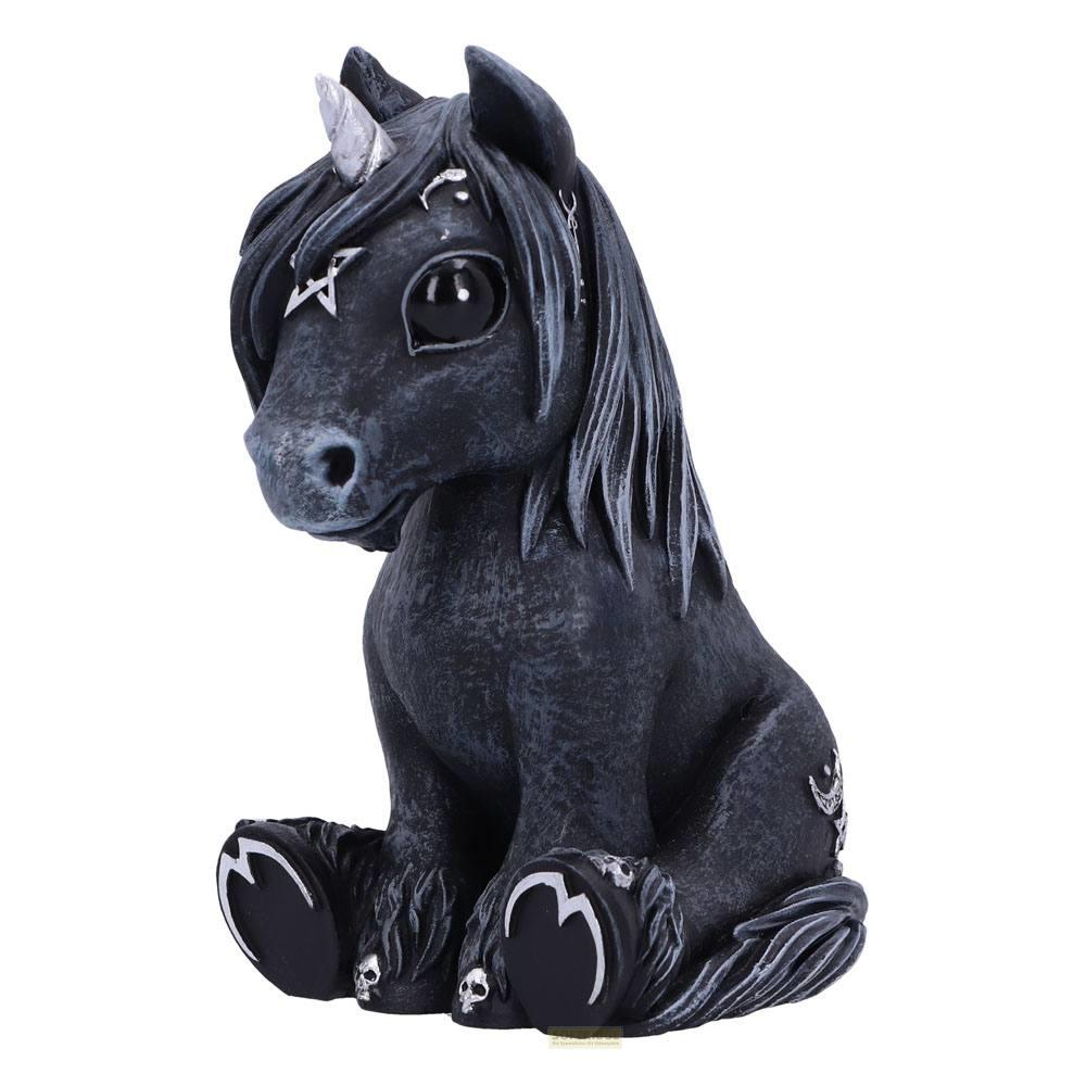 Schwarze Einhornfigur mit Silberhorn, großen Augen und Totenkopfdetails.