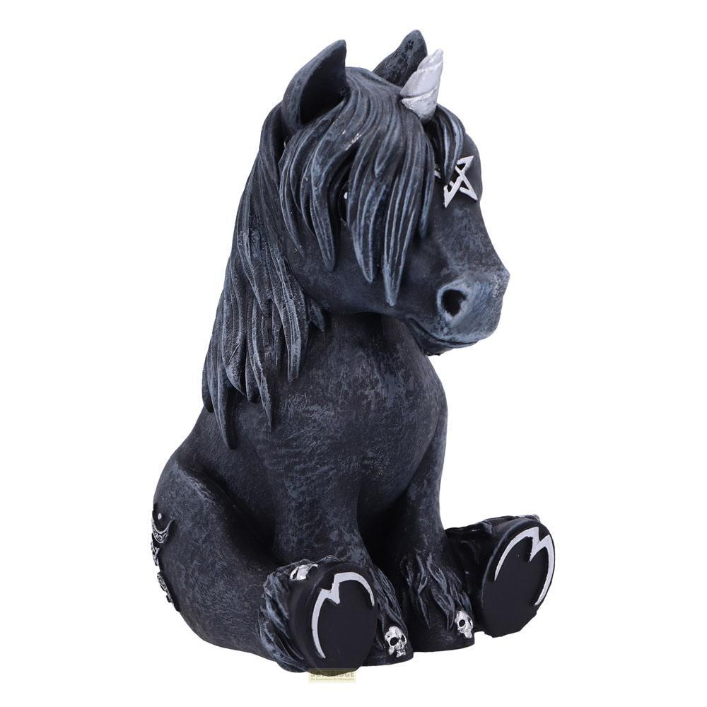 Schwarze Einhornfigur mit Totenköpfen und Runen, die auf einem weißen Hintergrund sitzt.