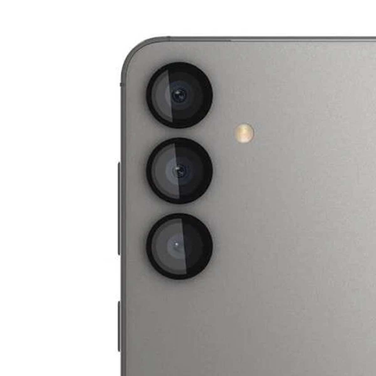 Retro di uno smartphone grigio con tre obiettivi e flash.