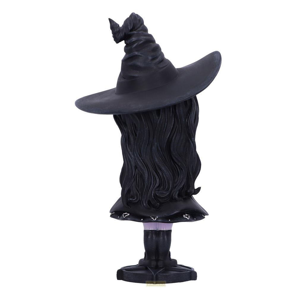 Eine schwarze Hexenhutfigur mit langen schwarzen Haaren und einem schwarzen Kleid.