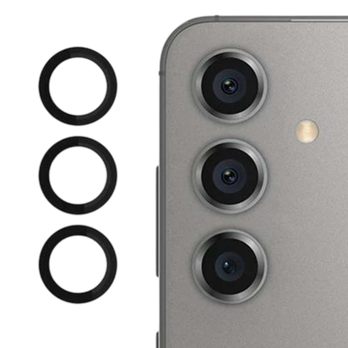 Tre anelli neri per obiettivi della fotocamera accanto a un telefono con tre obiettivi.